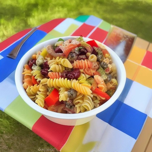 Ultimate cold pasta salad served outdoors at an RV campsite.