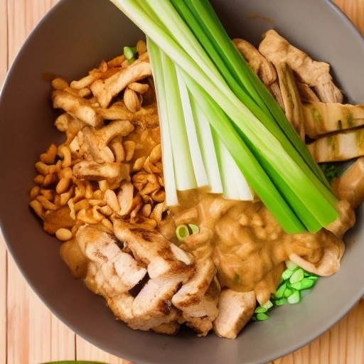 Solar powered RV peanut butter noodle bowl with grilled chicken.