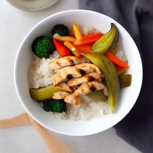 Solar RV veggie stir fry rice bowl with grilled chicken.