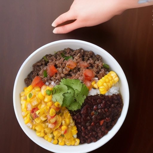 Budget Tex-Mex beef and bean rice bowl ready for an RV dinner