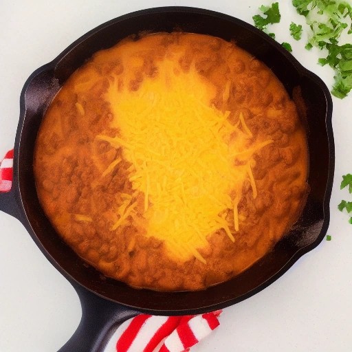 Tex-Mex beef chili mac skillet dinner cooked inside a travel trailer