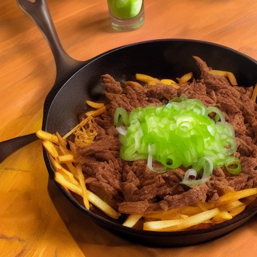 Loaded Tex-Mex taco fries skillet prepared inside a camper van