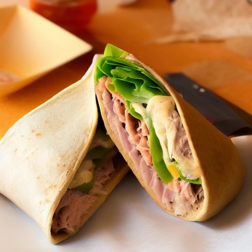 Warm toasted tuna melt wrap with melted cheese inside an RV.
