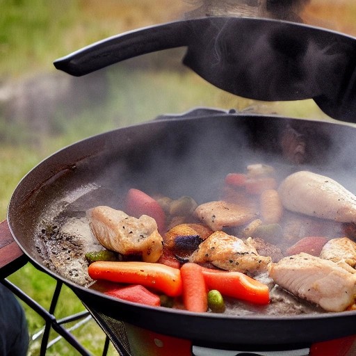 Fast smoky chicken skillet dinner cooked over a campfire.
