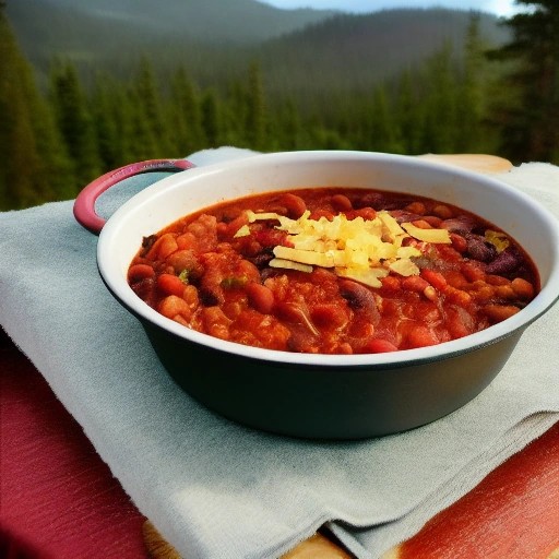 Smoky grilled chicken bean chili cooked in a single pot at camp.