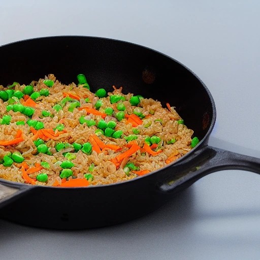 Quick chicken fried rice skillet prepared on a camp stove outdoors.