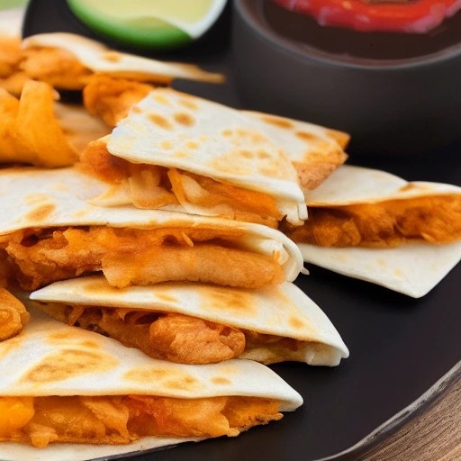 Crispy chicken quesadilla wedges served outdoors.