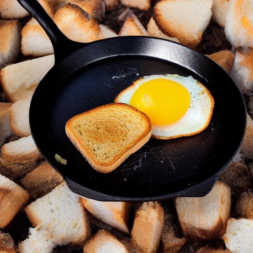 Classic egg and toast breakfast skillet cooked over campfire embers.