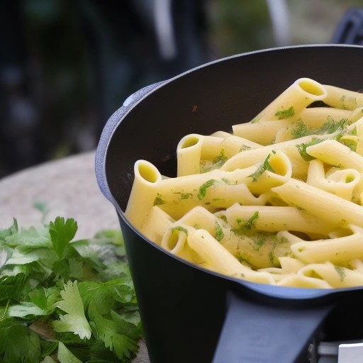 Simple garlic butter pasta cooked in one pot outdoors.