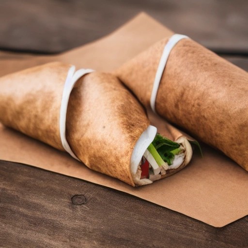 Simple roadside turkey wraps wrapped in kraft paper at a campsite.
