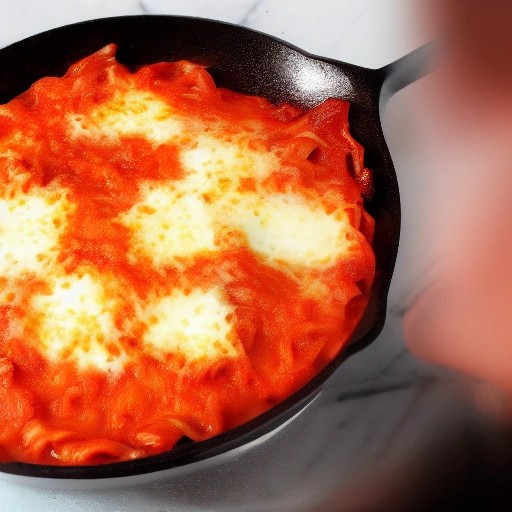 Stovetop cheesy baked ziti skillet cooked inside a mobile RV kitchen