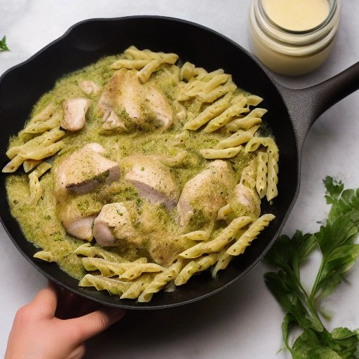 Chicken pesto cream pasta cooked in a single pan for RV trips