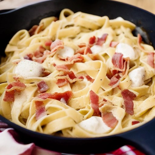 Rich chicken bacon alfredo pasta served hot in a heavy skillet
