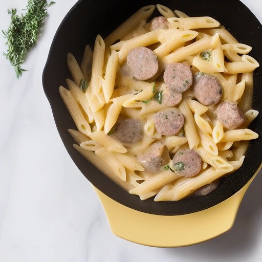 Creamy sausage alfredo penne pasta cooked hot on a camper stovetop