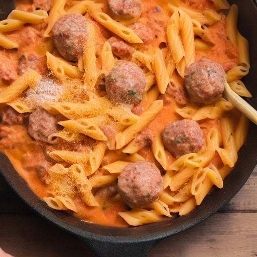 Sausage creamy tomato pasta skillet prepared inside a travel trailer