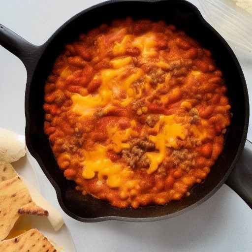 One-pan pantry chili mac skillet cooked at an outdoor campsite.