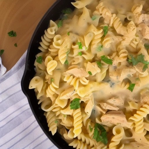 Creamy chicken pasta skillet ready for a campsite dinner.