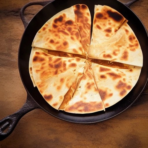 Crispy chicken quesadilla wedges with melted cheese in a skillet.