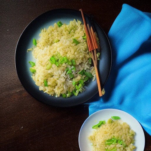 Quick egg fried rice garnished with sliced scallions.