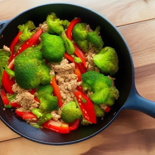 Healthy ground turkey stir fry with colorful vegetables.