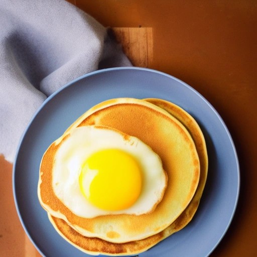 Fluffy pancakes and fried eggs served on a camping plate.