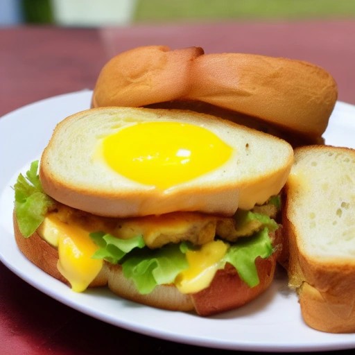 Crispy egg and cheese breakfast sandwich served outdoors.