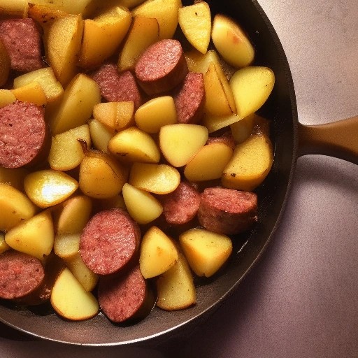 Golden browned potatoes and sliced sausages in a skillet.