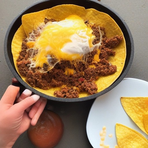 Budget ground beef taco skillet topped with cheese and crisp chips
