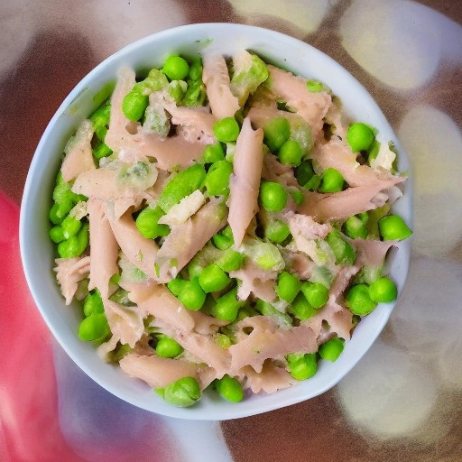Chilled tuna pasta salad with sweet peas served outdoors.