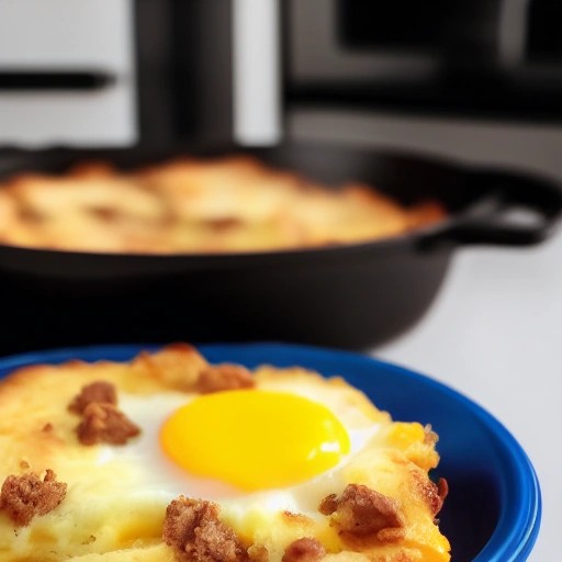Hearty breakfast biscuit casserole baked outdoors in an Omnia oven