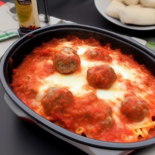 Hearty meatball pasta bake cooked in an Omnia stove oven