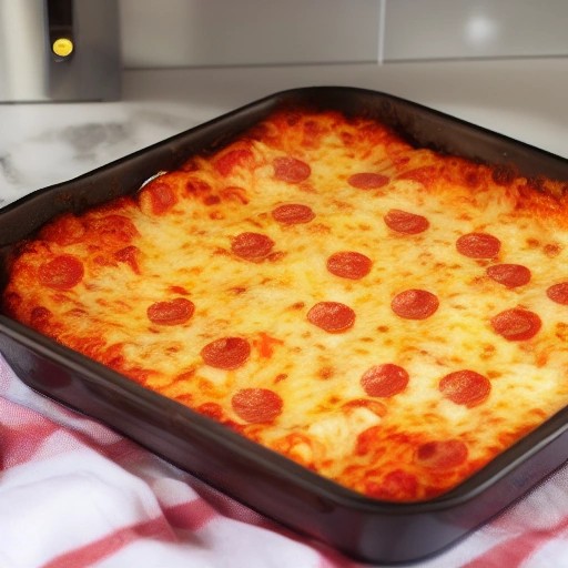 Cheesy pepperoni pizza bake baked in a portable Omnia oven