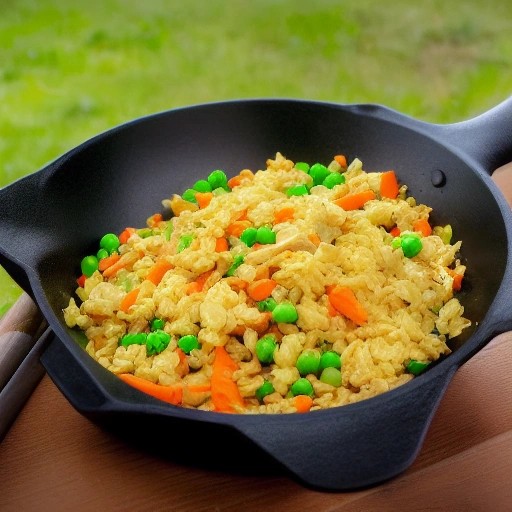 Smoky one pan chicken fried rice prepared outdoors at the campground