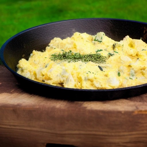A piping hot RV breakfast egg scramble cooked in a cast iron skillet