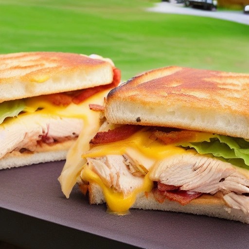 Crispy chicken bacon melt sandwich cooked on a griddle.