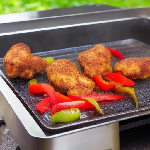 Sizzling chicken fajita mix cooking on an outdoor camp griddle