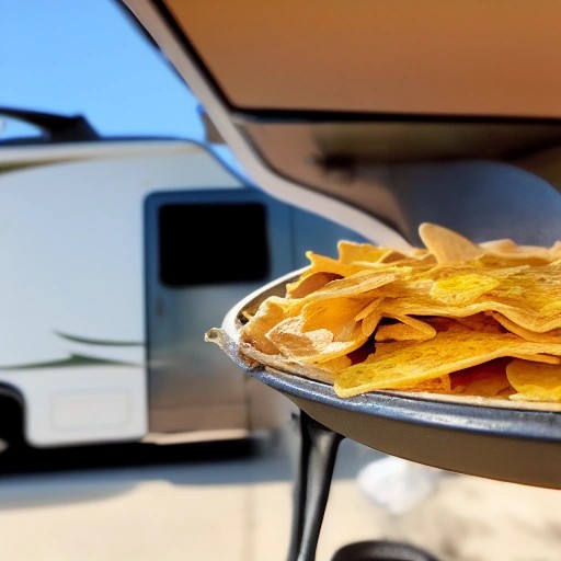 Loaded nacho skillet melting on an outdoor camper griddle.