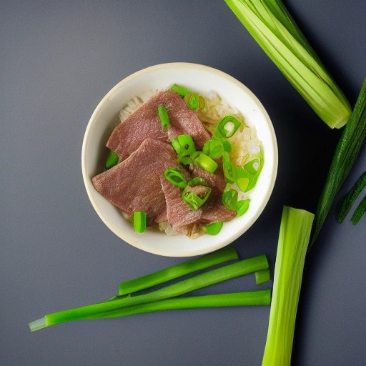 Rice bowl topped with tender beef jerky pieces and green onions.