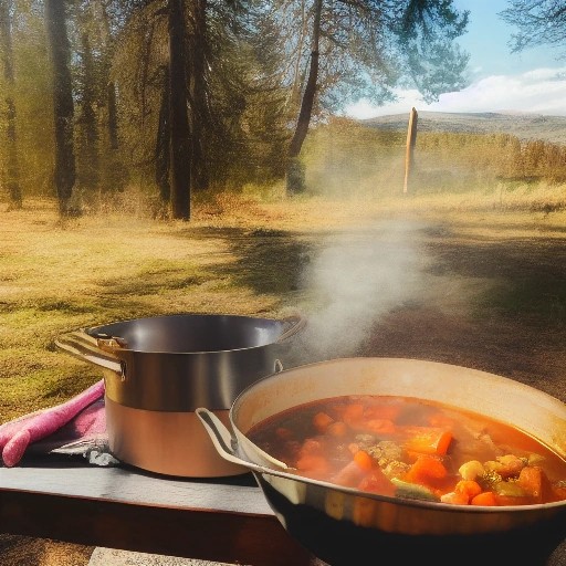 Hearty RV pantry vegetable stew served outdoors.