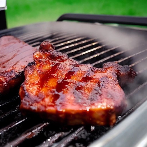 Smoky BBQ pork chops searing on an outdoor griddle.