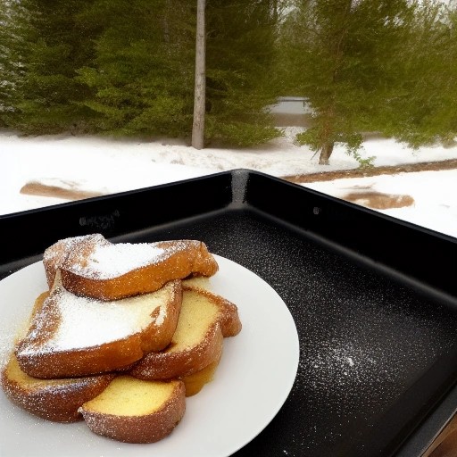 Golden French toast slices frying on a campsite griddle.