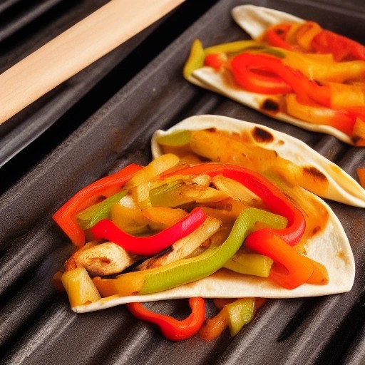 Sizzling chicken fajita wraps cooked on an outdoor griddle.