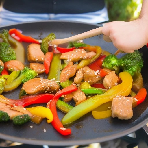 Sizzling teriyaki chicken stir fry on a flat top griddle.