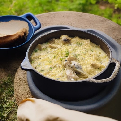 Creamy chicken and rice casserole baked on a camping burner