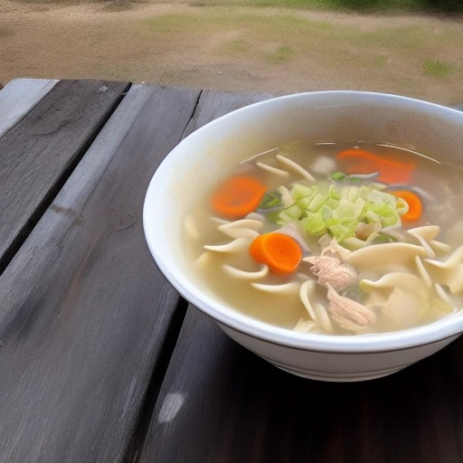 Warm chicken noodle soup served outdoors in a bowl.