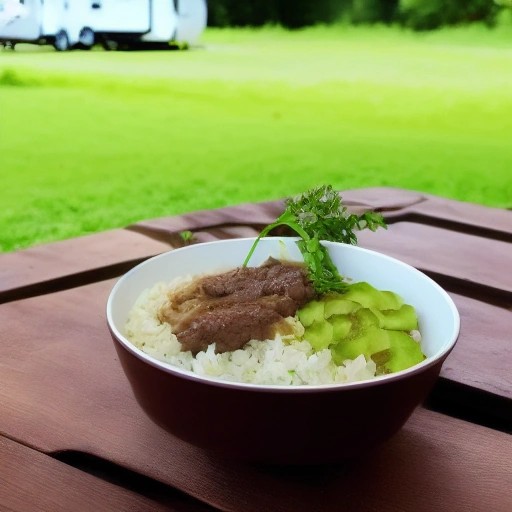 Savory canned beef and rice bowl served outdoors.
