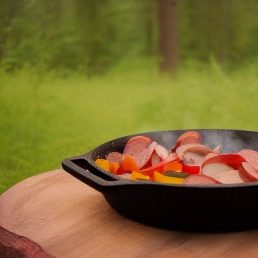 Hearty sausage and potato skillet meal cooked outdoors in a single pan
