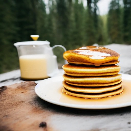 Fluffy golden pancakes topped with butter on an outdoor camp table