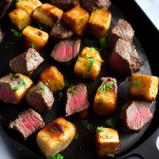 Garlic butter steak bites sizzling on a campsite griddle.