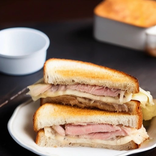 Golden toasted tuna melt sandwich with oozing cheese.